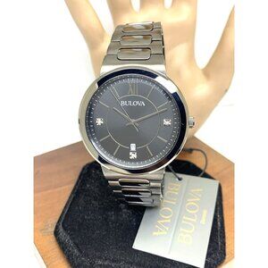 Bulova Mens Watch 98D162 Quartz Gunmetal Black Diamond Dial Stainless Steel 41mm